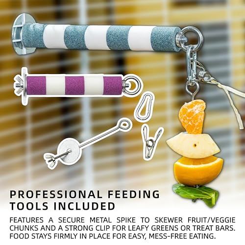 SMOLKITH 2-Pack Bird Perch with Fruit Vegetable Holder, Textured Nail Trimming Stand for Sugar Gliders, Parrots & Cockatiels, 304 Stainless Steel Foraging Skewer, 17cm & 21cm (Gray) - color: Gray