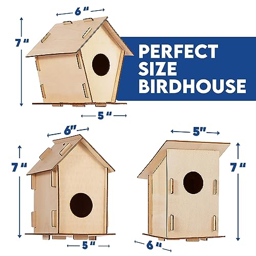Wooden Birdhouses to Paint - 15 Bulk DIY Bird House Craft Kits for Kids | 15 wrapped unfinished wood kits, each with brush, 6-color strip & guide. Kids 8-12 build, paint and hang them outside - color: 6 Colors Paint