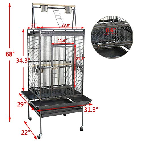 68 inch Iron Bird Cage, Play Top Parrot Cage with Rolling Stand for Parrot Cockatiels Parakeet Cage Macaw Finch Cockatoo Perch Pet House, Black - size: 68 inch