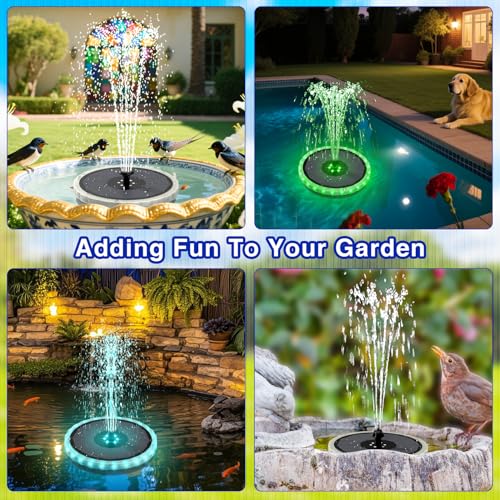 SZMP Solar Fountain, 4W Solar Powered Bird Bath Fountains with 4000 Battery, Color LED Lights, Outdoor Water Feature Fountain Pump with 7 Nozzle and 4 Fixers for Garden, Patio, Pond, and Pool