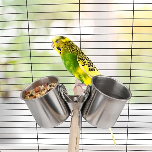 Hypeety Bird Feeding Double Cups Stainless Steel Food Water Bowls with Clip | Rust-proof stainless steel hanging bowl, bird seed feeder cups with clip, cage stand accessories, for parrot/cockatiel/conure