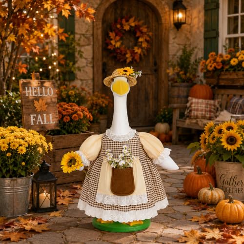 JcHrmers Fall Porch Goose Outfits Sunflower Lawn Goose Clothes with Straw Hat Autumn Goose Outfits Fits 23" Cement Plastic Goose Statue for Thanksgiving Harvest Farmhouse Yard Garden Home Decor