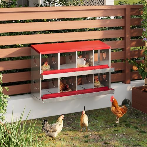 Chicken Nesting Boxes 8 Holes Galvanized Steel Rustproof Egg Laying Box with Egg Collection Systems, Hen Eggs Laying Box, Ventilated/Easy to Install, for Chicken House/Duck House/Hen - color: Red, size: 8 Holes