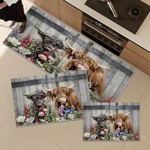 Farmhouse Kitchen Rugs Set of 3, Non Slip Washable Durable Stain Resistant Floor Mat Set,Highland Cow Floral Fence Retro Kitchen Runner Rug 16"X24"+20"X32"+20"X47" - color: Multicolour-highland Cow Floral