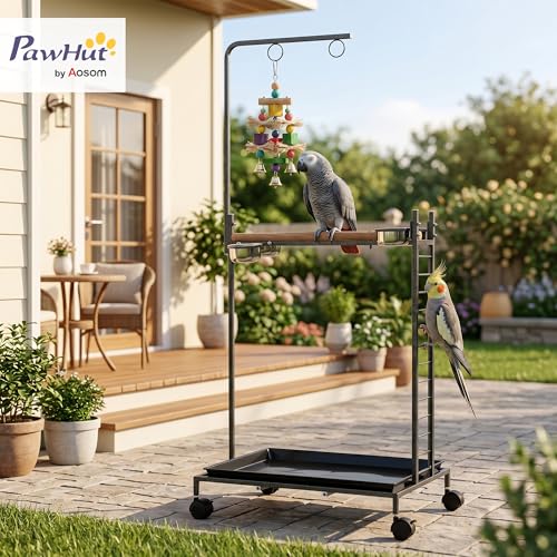 PawHut Bird Stand Parrot Stand with Wheels Wooden Perch Ladder Dark Gray | Stainless Steel Bowls, Slide-out Tray, for Indoor Outdoor Use, for Budgies, Parakeets