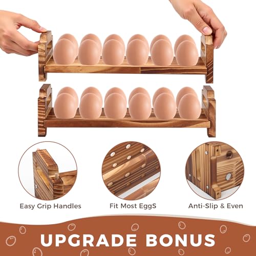 Wooden Egg Holder Countertop, 3 Layer Stackable Fresh Egg Display Storage Rack Organizer Stackable egg storage Easter Basket Farmhouse Egg Storage Basket with Handles Fits Duck Turkey Chicken Eggs