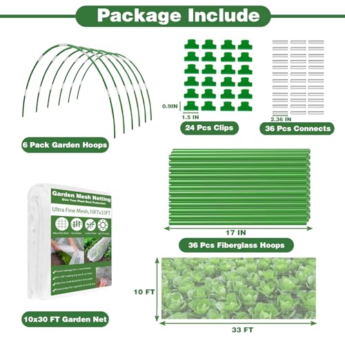 Garden Mesh Netting Kit, 10x33FT Ultra Fine Mesh Netting with 6 Sets Fiberglass Garden Hoops & 24 Clips for Raised Beds Vegetable Flowers Protection Barrier Plant Covers Net