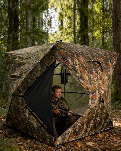 Portable Hunting Blind for 3-4 Persons for Turkey Duck Hunting | 270° See Through Ground Deer Blind with Silent Windows, Windproof Pop Up Blind with Carry Bag, Tent Stakes and Wind Ropes