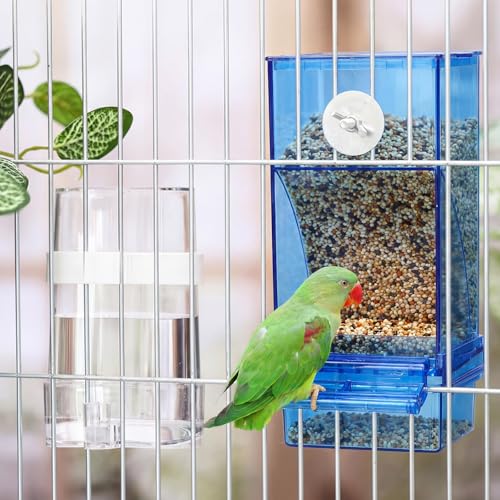 Yaomiao 6 Pcs No Mess Bird Feeders Automatic Clear Parrot Water Dispenser Acrylic Quail Feeder and Watered Cage Accessories Indoor for Small and Medium Parrot Cockatiel Canary (Blue Feeder) - color: Blue Feeder