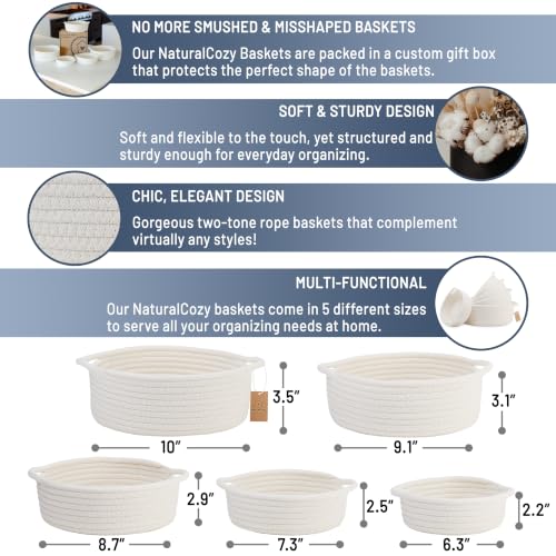5-Piece Round Woven Cotton Rope Storage Baskets for Organizing, Small Shallow Nesting Set for Montessori Toys, Entryway Catchall, Fruit Bowl, Key Tray, Remote Holder, Nursery & Pet Toys - color: Off White