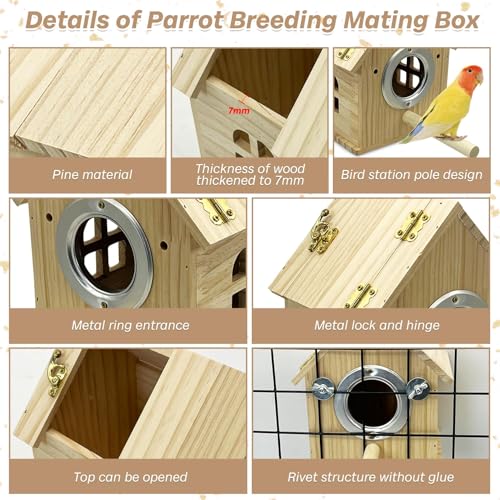 PINVNBY Parakeet Nesting Box Wooden Bird House for Cage Parrot Breeding Mating Box for Lovebirds Cockatiel Finch Cockatoo Canary and Small and Medium-Sized Birds (M: 7.91 * 6.3 * 5.82 inch) - size: Wood House Shape,M: 7.91*6.3*5.82 inch