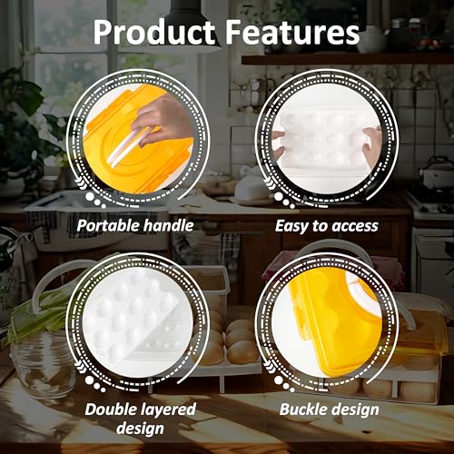 Ortable Large Capacity Double-layers Egg Storage Container Holds 24 Eggs Shatter-proof Non-slip Eggs Holder with Handle (Orange) - color: Orange