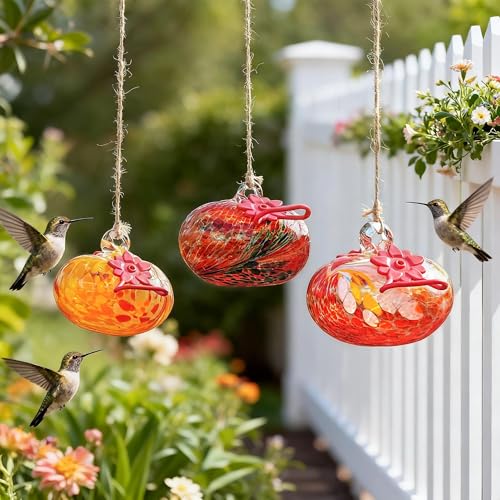 Set of 3 Blown Glass Hummingbird Feeders Decor for Home Garden Outside - color: Color-C