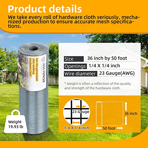 36inch x 50ft Hardware Cloth 1/4 inch Chicken Wire Fencing 23Ga | Hot Dipped Galvanized After Welding Garden Plant Supports Welded Metal Chicken Wire Fence Poultry Animal Netting Cage Screen - size: 1/4in 36in x 50ft