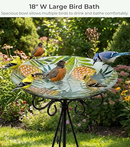 Large Glass Bird Bath with Metal Stand, Pineapple | 18" Wide Bowl, 3.2" Bathing Depth, Thick Glass Construction, Stable 3-Leg Base, Easy Clean Surface, Garden Decor