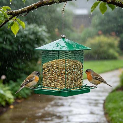 HOSUN 100% Metal Hanging Wild Bird Feeder, Bird Watching Gift | All-Around Feeding with Metal Perches,Mesh Ventilated,Outdoor Feeder with Steel Rope & Hook for Garden Yard Patio
