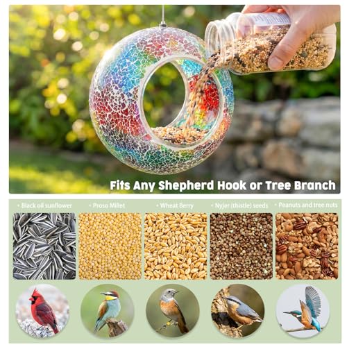 VCUTEKA Bird Feeder Mosaic Fly Through Hanging Birdfeeders for Garden Decor | 7 inch Mosaic Bird Feeeders for Outdoors, Round Shape Glass Container to Attract Wild Birds for Backyard Porch Yard Decor - color: Red