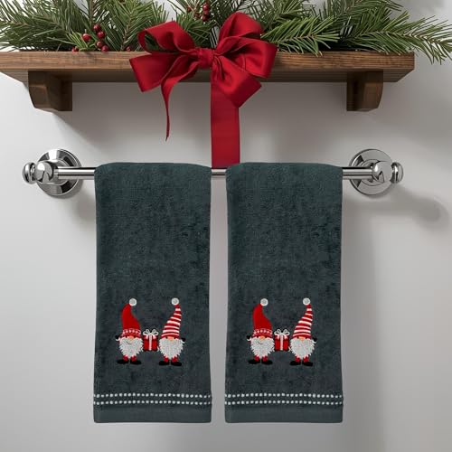 Christmas Gnomes Towel Set: Grey Hand Towels with Red White Embroidery Jolly Nordic Gnome - color: Gnome Friends