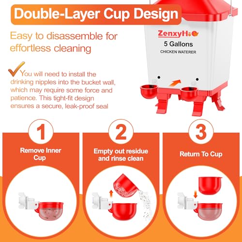 5.0 Gal Chicken Waterer Bucket with 4 Double-Layer Waterer Cups | Height-adjustable, Anti-roost Cone for Backyard Chicken Flocks - style: Waterer with Cups