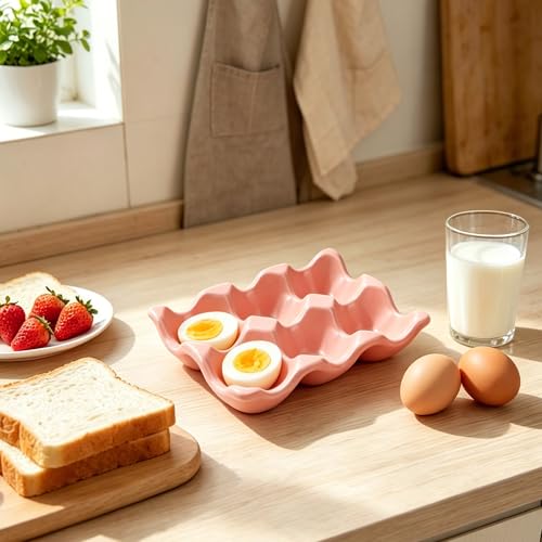 Ceramic Egg Holder Trays, 2-Pack Pink, 6-Slot Each (12 Eggs Total) — Countertop & Fridge Egg Cups Organizer, Glazed Stoneware Egg Rack
