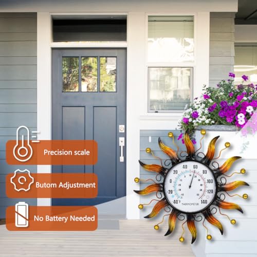VEWOGARDEN 13.5 Inch Metal Sun Outdoor Thermometer Waterproof Decorative Wall Indoor Outdoor Thermometer for Patio, Garden & Home Decor - style: Sun(yellow)