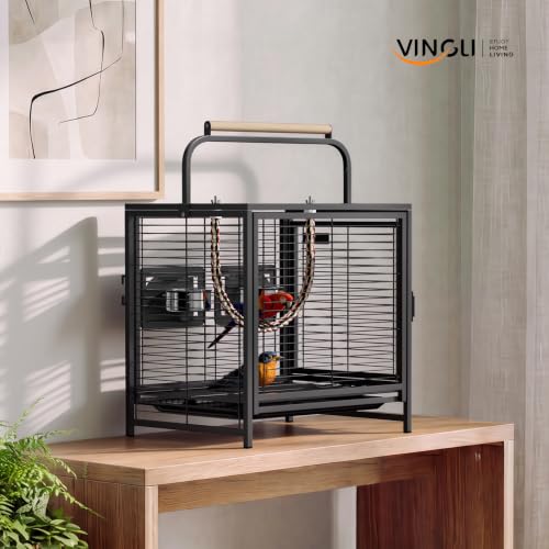VINGLI Small Bird Cage, 19 inch Travel Carrier Bird Cage with Handle, Wrought Iron Parakeet Cage with Wooden Perch for Parrot Lovebirds Finches Small/Medium Birds (Matte Black) - color: Matte Black