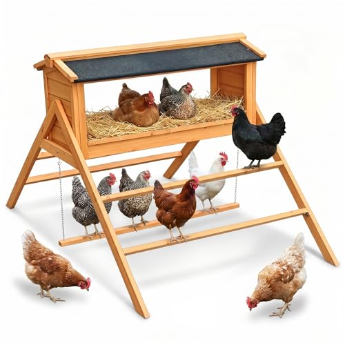 Solid Wood Chicken Coop Accessories with Nesting Box for 4-6 Hens - A-Frame Outdoor Chicken Perch, Weather-Resistant Asphalt Roof, Backyard Chicken Roosting Bars