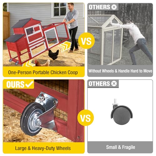 Aivituvin Large Chicken Coop with Wheels, Outdoor Hen House Mobile Poultry Cage with Run, Weatherproof Asphalt Roof, Sectionable Nesting Box, Leakproof Pull-Out Tray for 4-6 Chickens - Red
