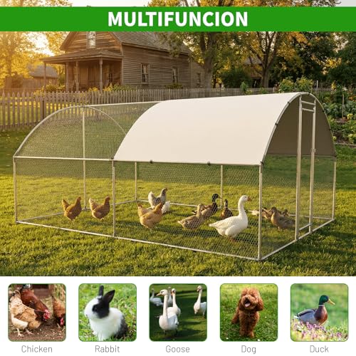 HEYTOWN Chicken Coop with Run, Large Heavy Duty Metal Poultry Cage with Dome Roof, Walk-in Chicken Pen with Waterproof Cover for Backyard Farm, for Ducks & Rabbits