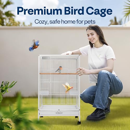 VIVOHOME Wrought Iron Bird Cage with Rolling Stand, 30 Inch Height | Standing Bird Flight Cage with Casters, Slide-out Tray for Parakeets Cockatiels Lovebirds Canaries Finches Conures, Whtie - color: White