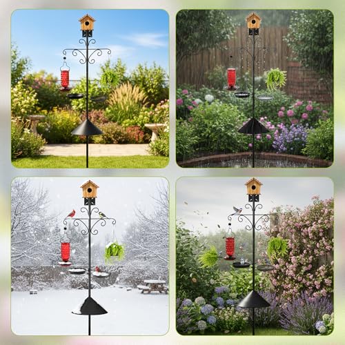 Bird Feeder Pole Stand - 92 Inch Bird Feeding Station for Outdoor Outside, Heavy Duty Adjustable Birdhouse Pole Standing with Base Kit, Includes 4 Hook Water Basin Tray for Garden Yard