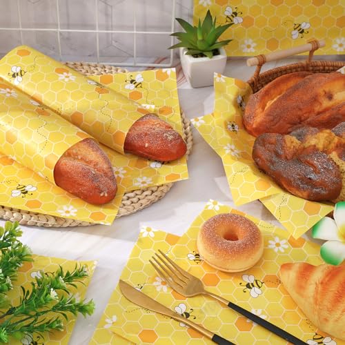 JarThenaAMCS 150 Pcs Summer Bee Wax Paper Yellow Honeycomb Deli Paper Cute Daisy Food Sandwich Wrap Waterproof Oil-Proof Picnic Basket Liners for Party Kitchen Supplies - color: Bee