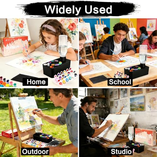 Paint Brush Cleaner Tool,Painting Running Water Circulation Art Supplies,with Brushes,Colors Paint,Watercolor Paper,Paint Station Creative Gift for Kids Girls Adult Artist Beginners (Black) - color: Black