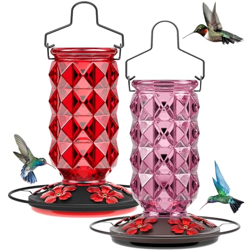 2 Pack Glass Hummingbird Feeders for Outdoors, 25 Ounces Wild Bird Nectar Feeder with Perch & 5 Flower Feeding Ports Leak Proof Hanging for Garden Backyard Decor, Gifts for Women Mom, Red & Pink - color: 2 Pack Diamond Sparkling Red & Pink