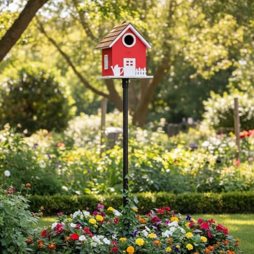 2026 Vinyl Water Proof Bird House for Outside, Shingle Roof Bluebird House Nesting Box, Squirrel Proof Hanging Birdhouse, 5 Years Weatherable for Outdoor Decoration,Bird Box for Pole (Red) - color: Red garden cottage