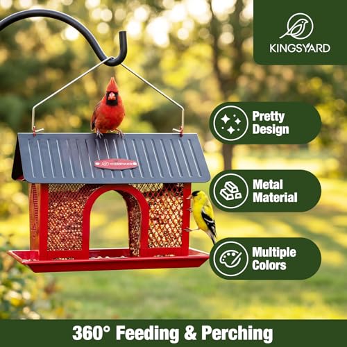 Kingsyard Wild Bird Feeder for Outdoors Hanging, All Metal | Dual-Use Mesh with 360° Feeding, Weatherproof Roof, 3 lb Seed Capacity, Garden Decor & Birding Gift, Red - color: Red