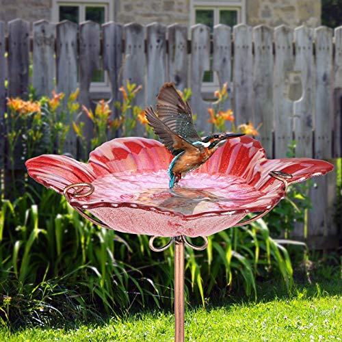 26" Glass Bird Bath, Outdoor Birdbath Bird Feeder Red Flower Metal Stake | Bird Bath for Outside with Stable Metal Stake, Attracts Birds for Bathing and Adds Elegant Outdoor Garden Decor - color: Red