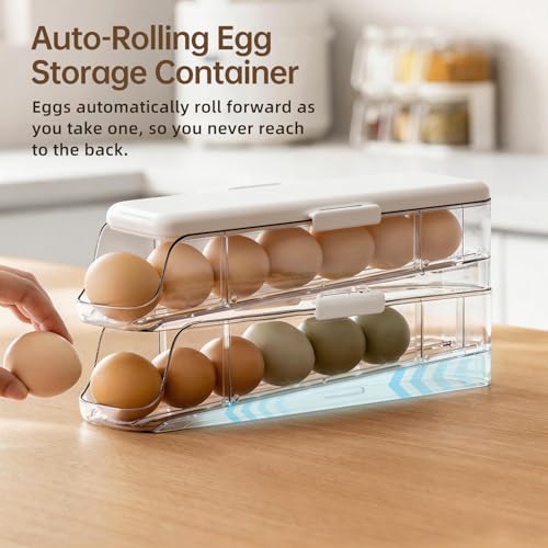 PAVSTINE 2-Tier Auto Rolling Egg Holder with Lid for Fridge, Clear | Stackable Egg Container, Large Capacity Holds Up To 14 Eggs, Refrigerator ＆ Kitchen Countertop Storage - size: 2-Tier with Lid