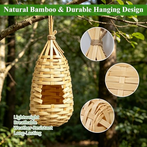 GUTE Bamboo Hanging Bird Nest 3Pcs Hand Woven Outdoor Wrens Finches | Handwoven Bamboo,Natural Golden Tan Color,Lightweight with Hanging Loop,Rustic Garden Decor,Ages Outdoors,Natural Fiber