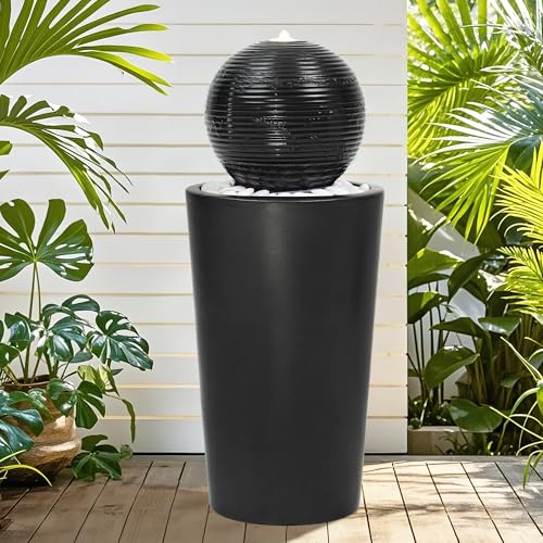 Autodaya 30"H Ceramic Sphere Water Fountain with LED Light for Garden Patio | Modern Minimalist Design, Black Glaze with White Pebbles, Soothing Trickling Water Feature, Artistic Charm, Tranquil Ambiance - color: 30"h Black