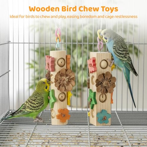 2 Pcs Bird Toys for Parrot, Hanging Parrot Toy with Pine Cones, Natural Wood Blocks Foraging Toys for Cockatiels Conures Budgies Parakeets, Cage Accessories