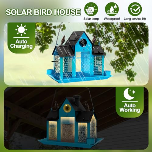 Solar Bird Feeders for Outdoors Hanging, Bird Houses for Outside | Blue,Wild Metal Bird Feeder,7LBS Large Capacity with Water Cup,Squirrel Proof Cardinal Bird feeder,Gift for Bird Lovers - color: Blue