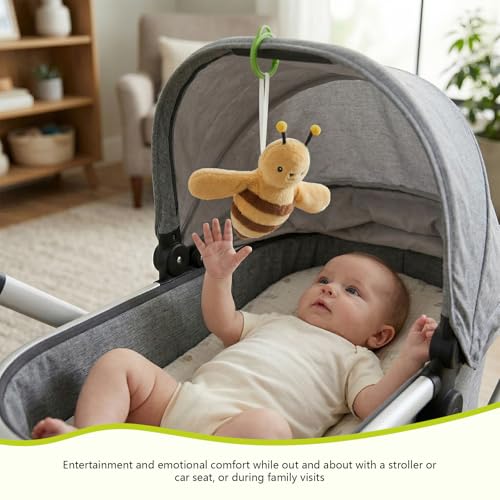 Baby Hanging Flying Bird Musical Toys for Stroller Car Seat Crib Play Gym | Ages 0-36 Months, Tummy Time, Sensory Music Toys, Plush with Clamp, Boys and Girls, Flapping Wings Bee/Birds Toy - color: Yellow Bee
