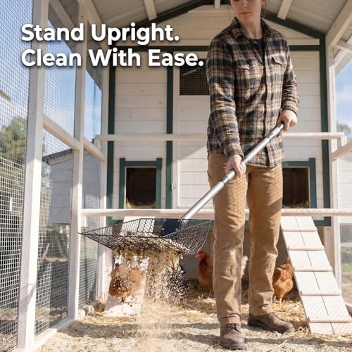 2-in-1 Metal Chicken Poop Scooper & Rake Durable Lightweight Sand Sifting Litter Shovel with Adjustable Long Handle, No-Bend Cleaning Tool for Chicken Coops & Farm Animals & Livestock