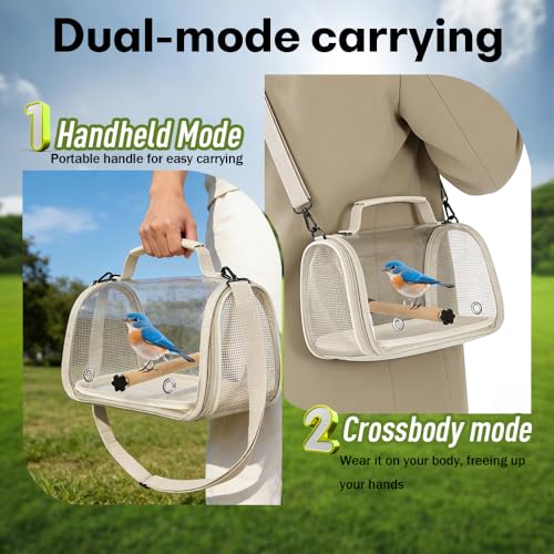 Hands Free Small Pet Cage with Breathable Mesh Windows Parrot Backpack | Small Bag for Vet Visit Shopping Hiking, Clear View Portable Bird Travel Carrier with Easy Clean Removable Tray and Perch - color: White
