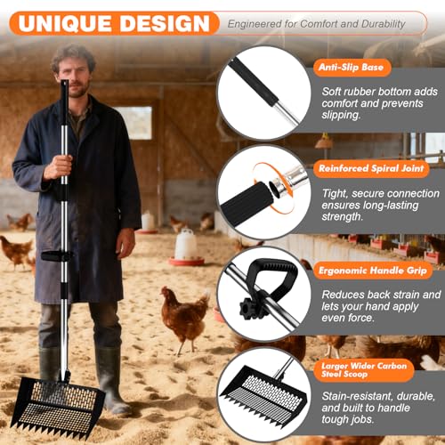12 Inch Chicken Poop Scooper & Rake, 2-in-1 Stainless Steel Chicken Coop Scoop with Adjustable Handle, Litter Sifting Shovel Cleaning Tools for Chicken Coops, Yard Cleaning, Black[2026 Upgraded]
