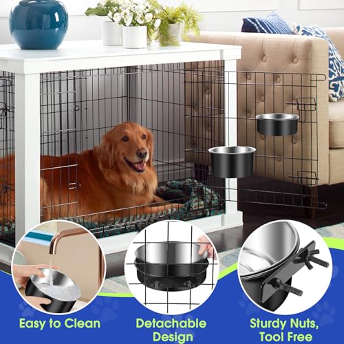 Attachable Dog Bowls for Crates, ShineMe 40oz & 60oz Dog Kennel Food and Water Bowl, 7.1 x 3.7” & 6.3 x 2.6” Dogs Crate Bowls Hanging No Spill for Large or Medium Dogs, Set of 2 Black - color: Black (60oz+40oz)