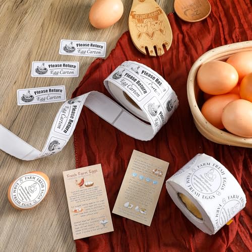 3 in 1 Total 1200pcs Fresh Farm Egg Egg Stickers Set Include 500pcs Farm Fresh Eggs Carton Labels 200pcs Handling Instruction Cards 500pcs Please Return Eggs Carton Labels Stickers