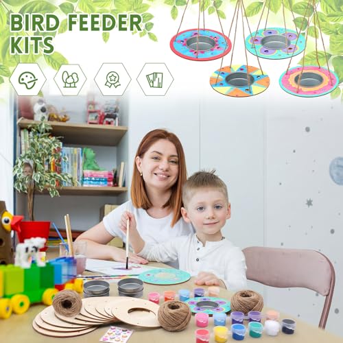CroBlissful 12 Pack Bird Feeder Craft Kits for Kids DIY Your Own Bird Feeders with Paint and Paintbrushes Wooden Arts and Crafts for Kid Ornaments to Paint Feeders Craft for Garden (Round) - style: Round