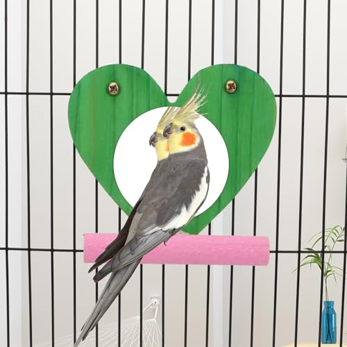 Hypeety Bird Mirror Toy with Perch Cage Standing Perch Wood Toy for Parrots | Natural wooden perch included, clear acylic miror, for parakeet/cockatiel/finch/conure/lovebird, random color, heart shape - color: Heart Shape
